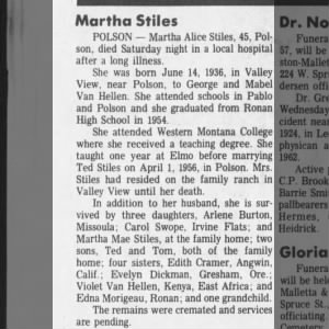 Obituary for Martha Alice Stiles